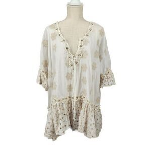 Ranees Womens Peasant Blouse Sz M Tunic Boho Cottage Beige Gold Embroidery Beads